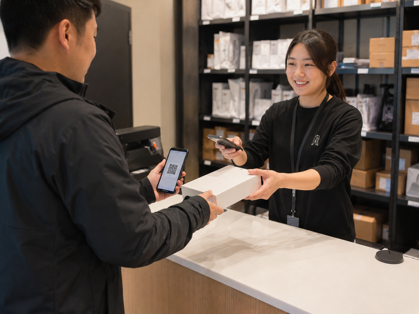 店舗カウンターで注文商品や修理品を保管し、来店客が提示したQRコードをスタッフが読み取って商品を引き渡しているイメージ。