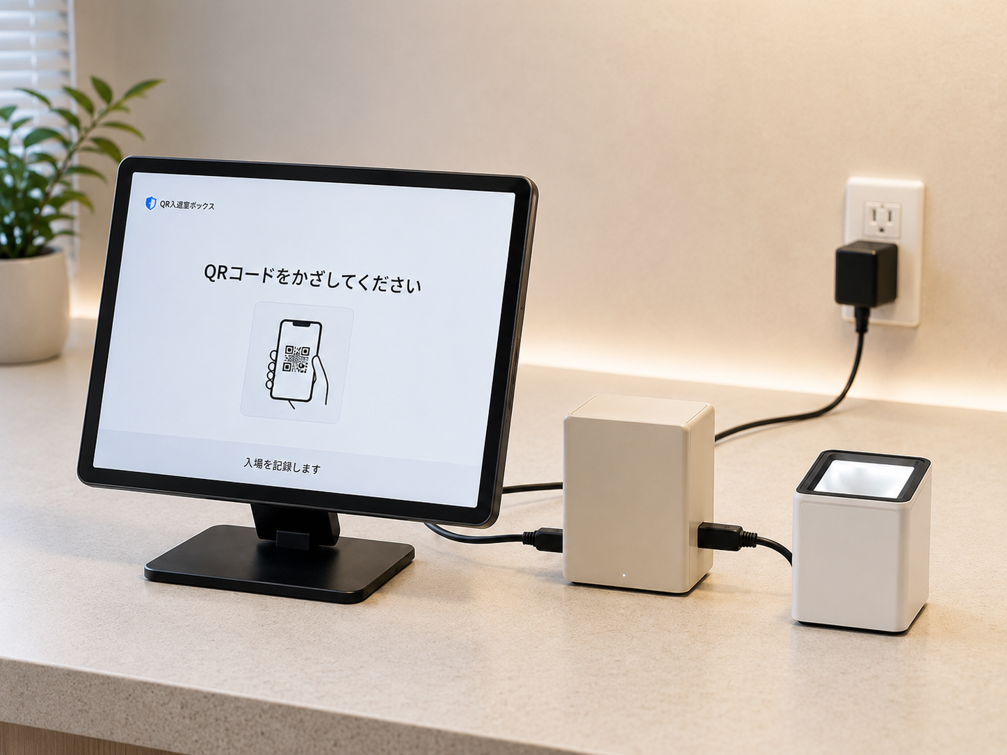 ファーストビュー用の商品写真。明るいオフィスまたは現場事務所の受付カウンター上に、クリーム色の小型入退室管理ボックス、10インチ小型タッチパネルディスプレイ、白色のQRコードリーダーが設置されている。ボックスからQRコードリーダーへUSBケーブル、ディスプレイへHDMIケーブル、奥の日本式壁面コンセントへ電源アダプタが接続されている。ディスプレイには『QRコードをかざしてください』のシンプルな受付画面。商品カタログに使える、柔らかな照明の超現実的でプロフェッショナルな写真。