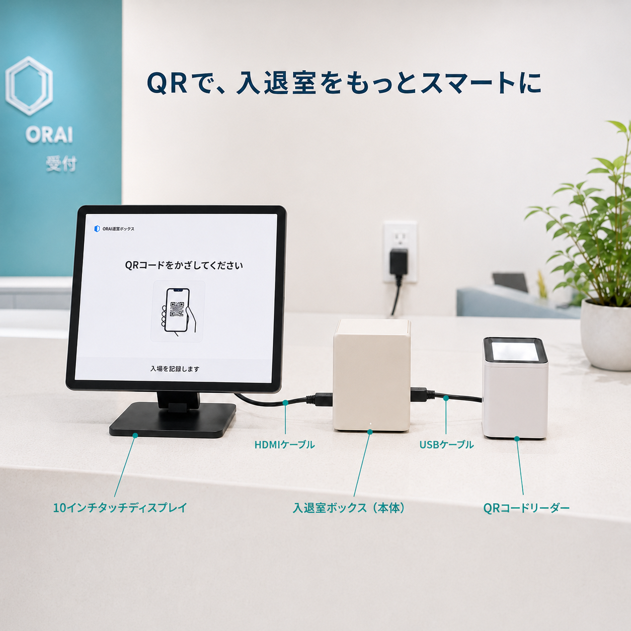 商品構成を分かりやすく示す設置イメージ写真。受付カウンター上にクリーム色の入退室管理ボックス、10インチ小型タッチパネルディスプレイ、白色QRコードリーダーが並び、電源ケーブル、HDMIケーブル、USBケーブルが自然に接続されている。ディスプレイにはシンプルなチェックイン画面。『クラウド契約ではなく、商品を購入して置く』イメージが伝わる、明るい青緑系トーンの法人向け写真。