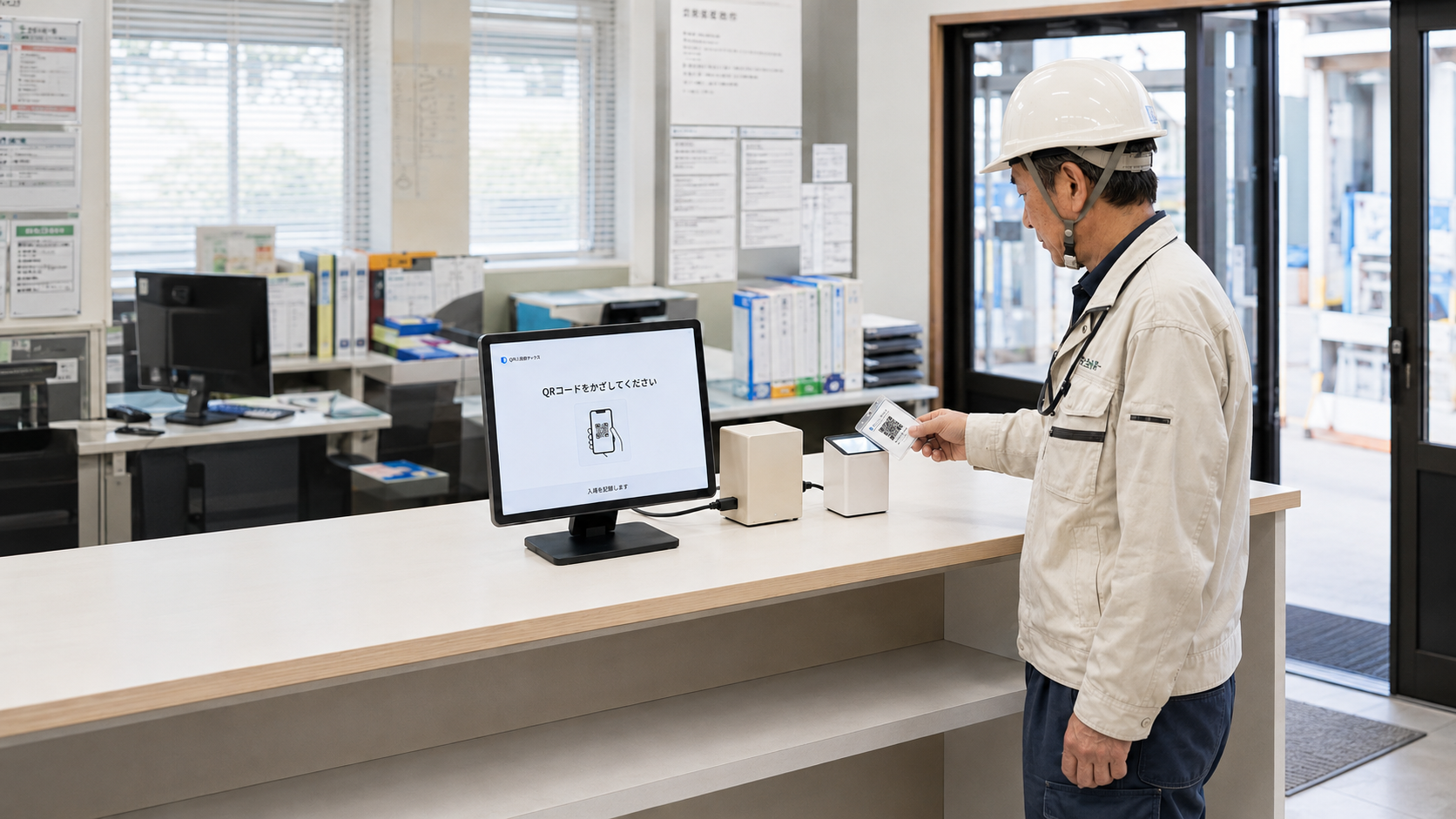 現場事務所での運用写真。受付カウンター上に入退室管理ボックス、小型ディスプレイ、QRコードリーダーが設置されている。ヘルメットをかぶり作業着を着た日本人の50代男性作業員が、自分の入場カードに印刷されたQRコードをリーダーにかざして出勤時の読み取り操作をしている。柔らかな照明で撮影された超現実的でプロフェッショナルな写真。LPやA4商品カタログに掲載できるリアルな現場導入イメージ。