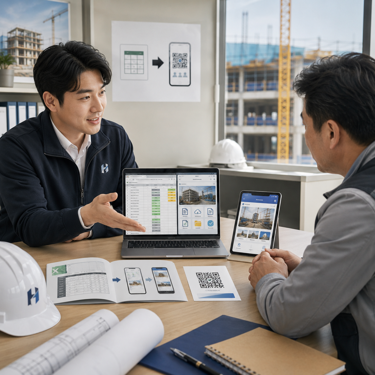 ハネソルの担当者が建設会社の管理者と打ち合わせを行い、Excel管理からQRコードを使った現場情報共有システムへの移行を相談しているイメージ。