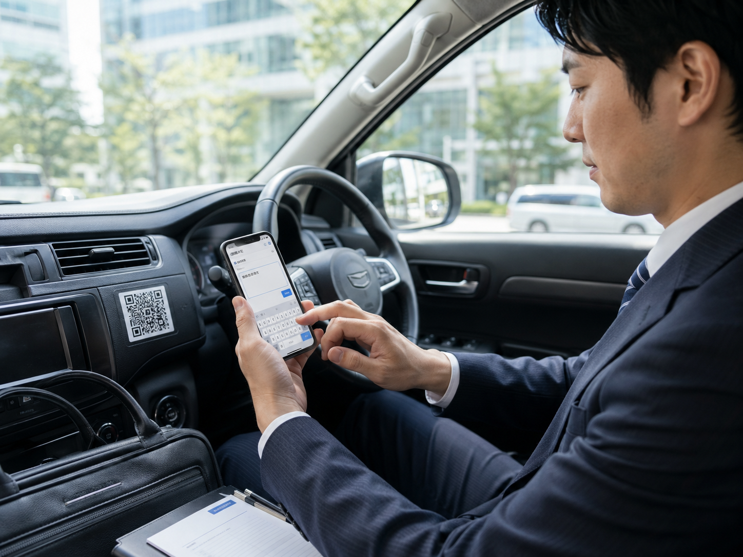 営業担当者が営業車のダッシュボード付近に貼られたQRコードを読み取り、訪問先のメモをスマートフォンで登録しているイメージ。
