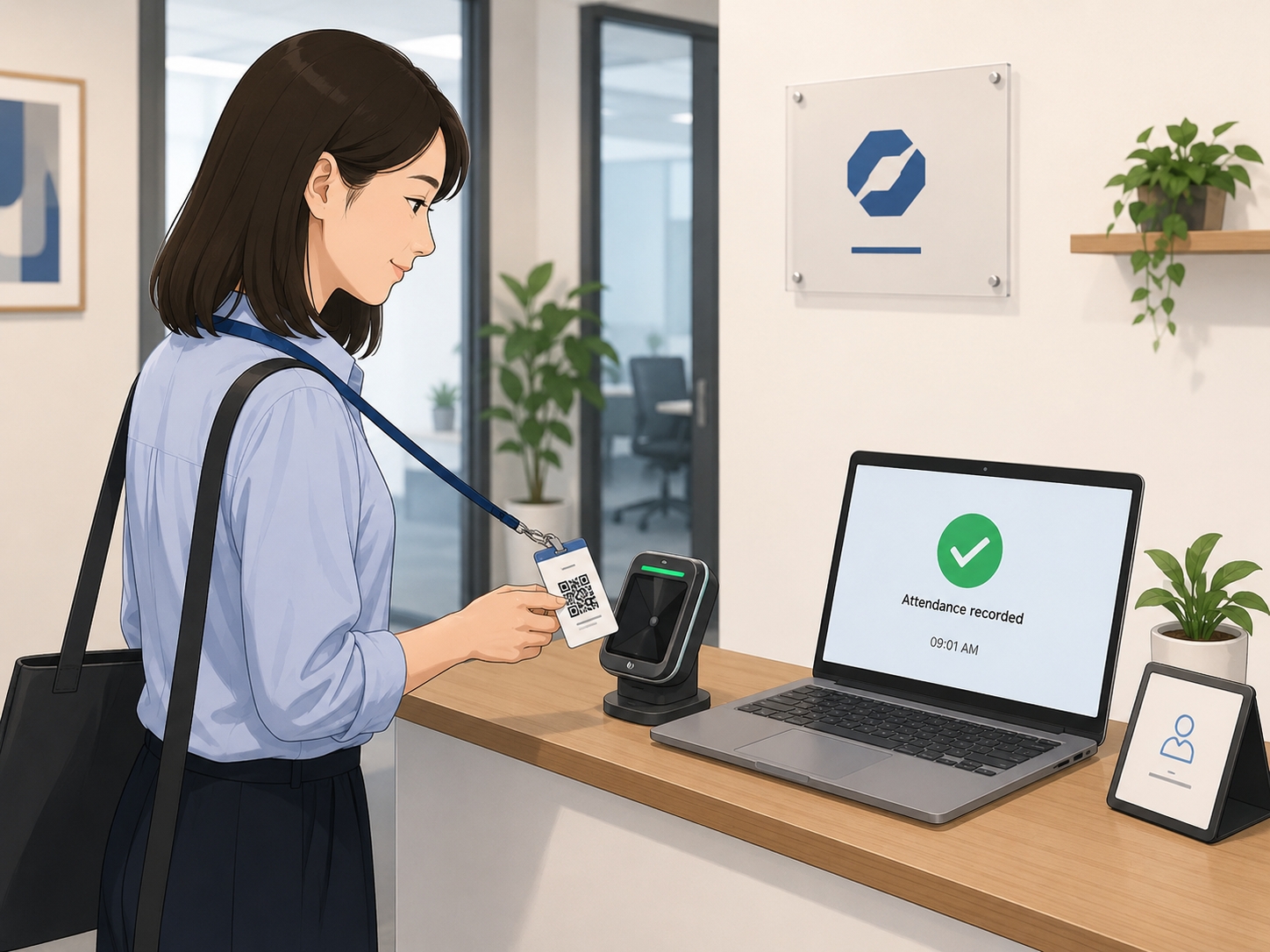 小規模な会社の受付や事務所入口で、従業員がQRコード付き社員証を読み取り、出勤または退勤を記録しているイメージ。