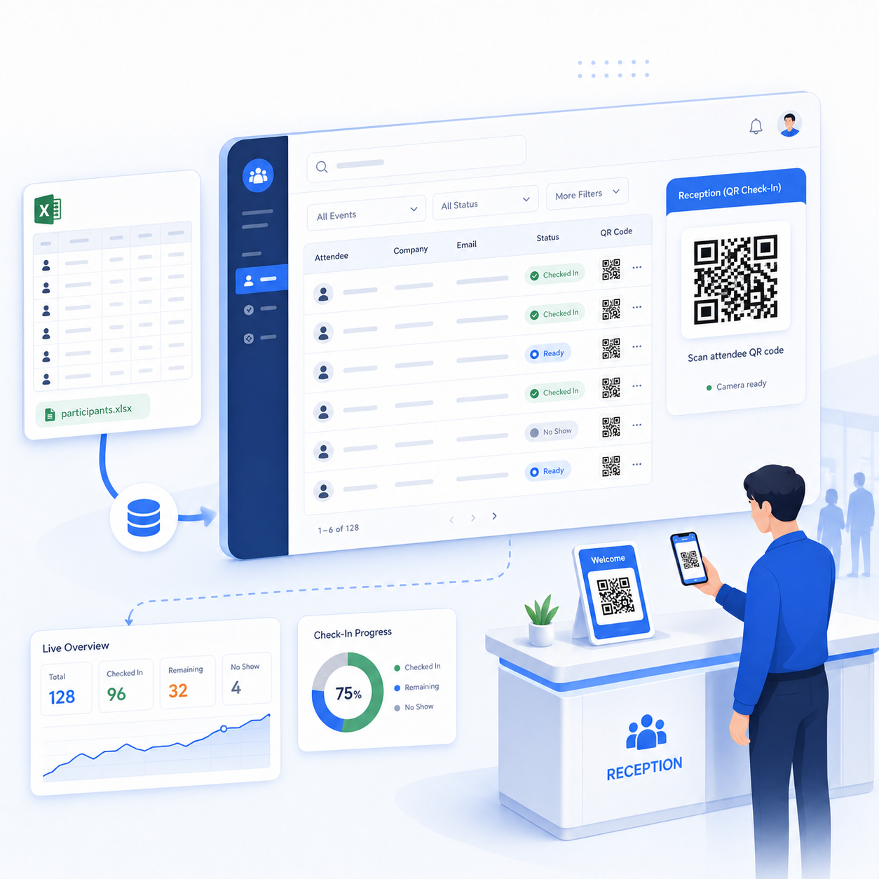 参加者名簿がWEBデータベースに変換され、QRコード付きの受付画面として管理されているイメージ
