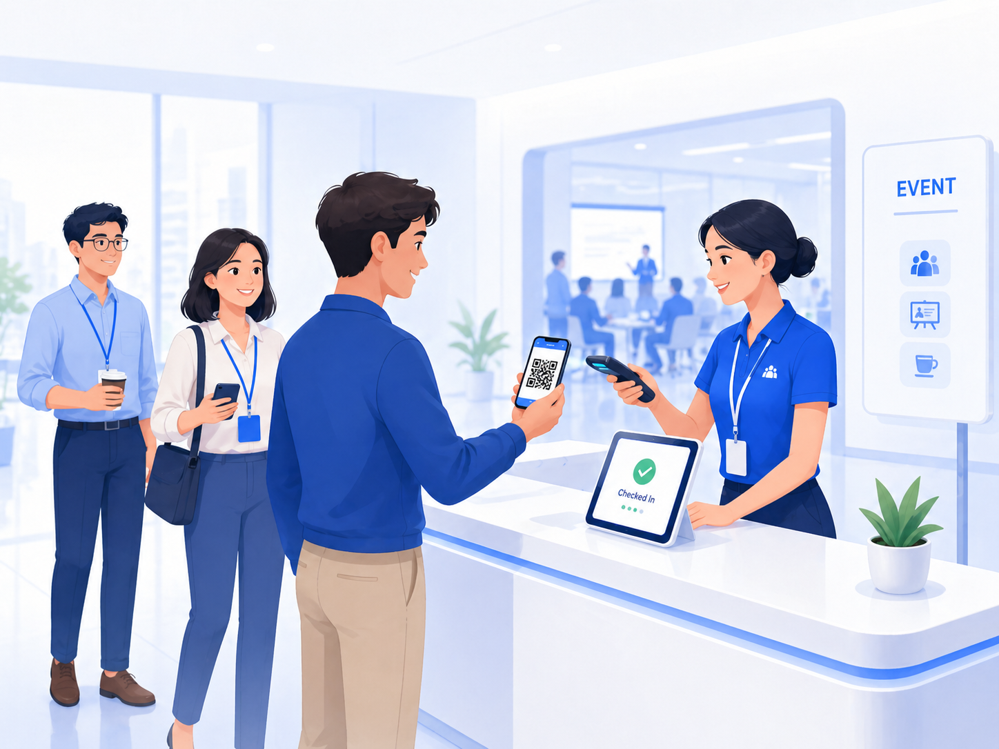 社内イベントや社内研修で、社員が受付でQRコードを提示しているイメージ
