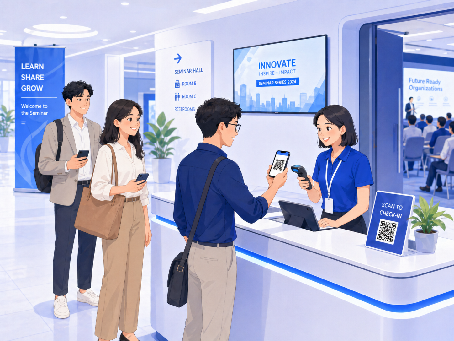 セミナー会場の受付で、来場者がスマートフォンに表示したQRコードを見せているイメージ