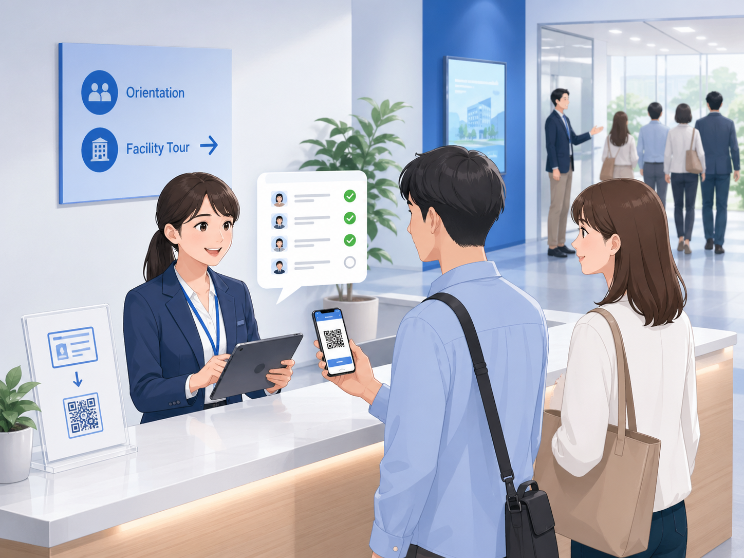 施設見学会や説明会で、受付担当者がタブレットを使って参加者確認をしているイメージ