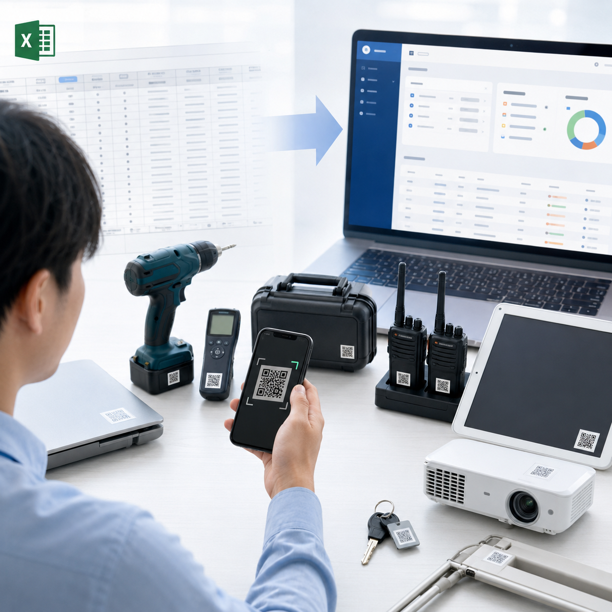 会社備品、工具、タブレット、鍵、イベント機材にQRコードシールが貼られ、管理者がスマートフォンで読み取って貸出・返却状況を確認しているイメージ。背景にはExcel台帳からWebデータベースへ移行する雰囲気を入れる。