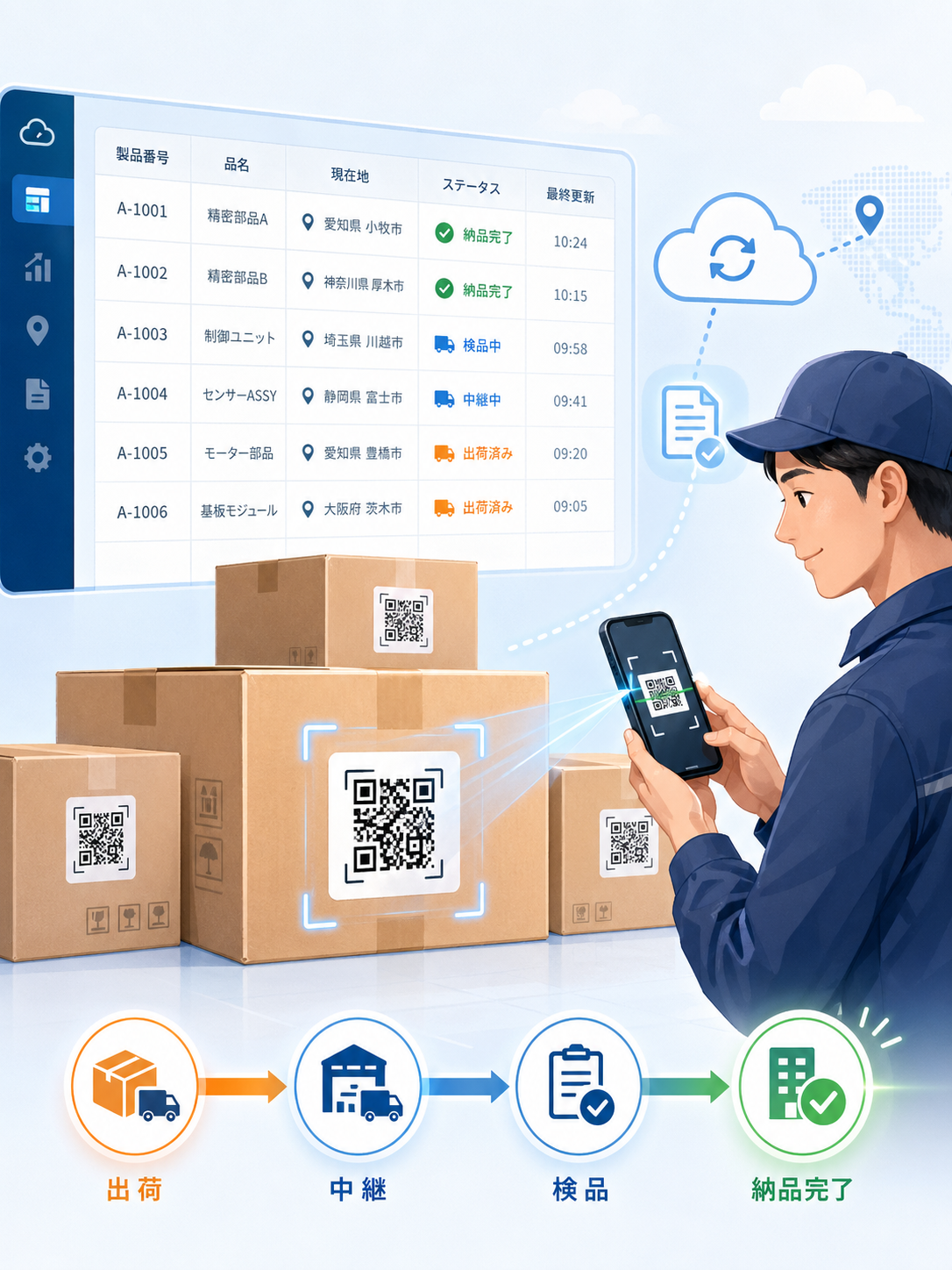 Excel風の一覧表、QRコード付きの配送箱、スマートフォンで読み取る作業員、出荷から納品完了まで横方向に進むステータスを組み合わせたファーストビュー用のイメージイラスト