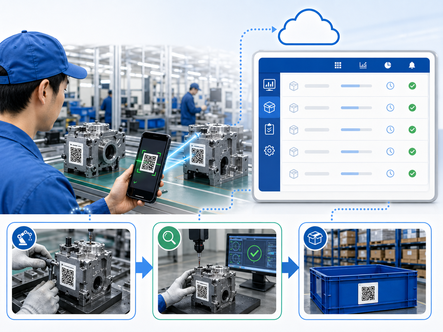 製造現場で部品に貼られたQRコードを工程ごとに読み取り、部品取付・検査・完成品保管の履歴を残しているイメージ