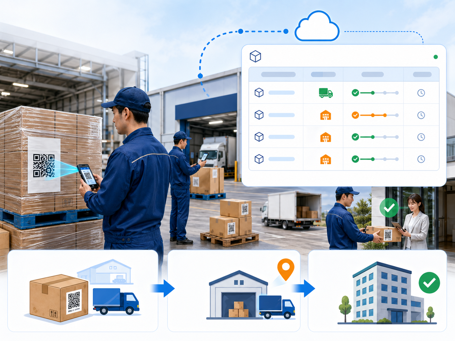 物流倉庫や配送拠点で、パレットや配送箱のQRコードを読み取り、出荷・中継・納品の所在を追跡しているイメージ