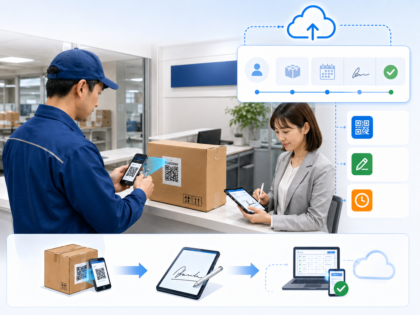 納品先で担当者がスマートフォンでQRコードを読み取り、受領サインや納品完了時刻を記録しているイメージ